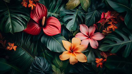 Close-up of exotic tropical blooms with bold colors set against a soft-focus jungle foliage backdrop, capturing natural beauty and texture 