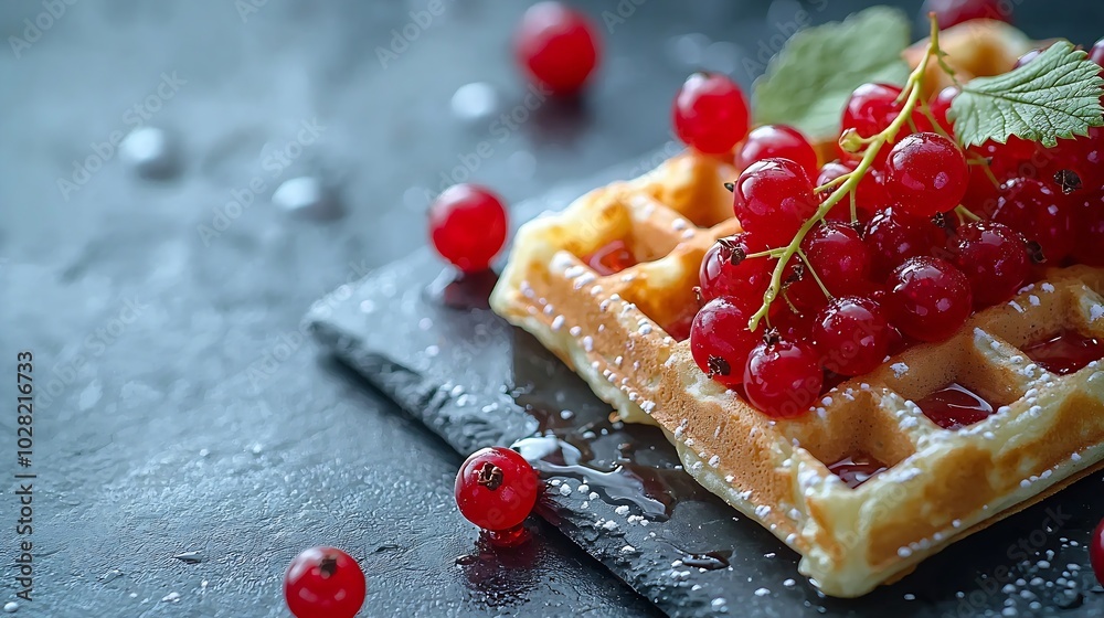 Poster belgian waffles with fresh red currant berries slate dark background close up : generative ai