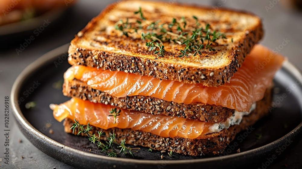 Poster Sandwich toast with smoked salmon and cream cheese on plate with Norwegian flag Grey background Top view : Generative AI
