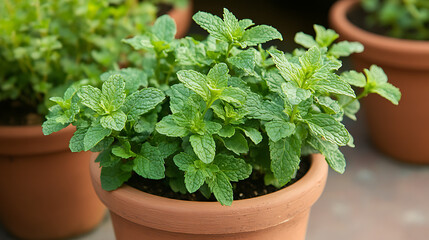Close-up shot of aromatic herb plants like mint and parsley growing in small terracotta pots, showcasing their detailed leaf textures and natural freshness 