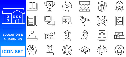 Education and Learning thin line icons set. Education, School, Learning editable stroke icons. Vector