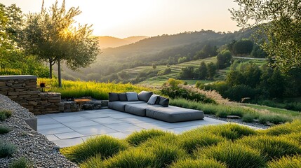 Minimalist outdoor seating area surrounded by a sustainable green landscape with IoT integration