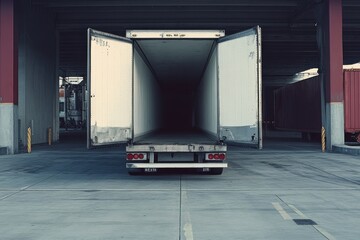 image features empty white semi truck with its back doors open, revealing dark interior. scene conveys sense of emptiness and anticipation in loading area