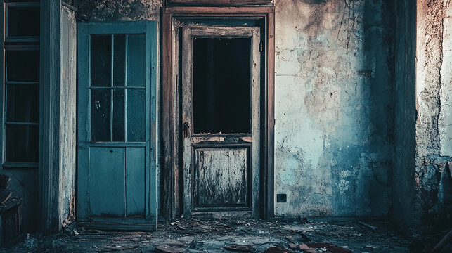 A worn-down empty house with broken doors and cracks