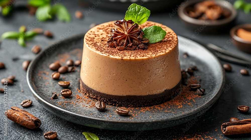 Poster coffee and caramel cake mousse dessert on a plate grey stone background top view copy space : genera