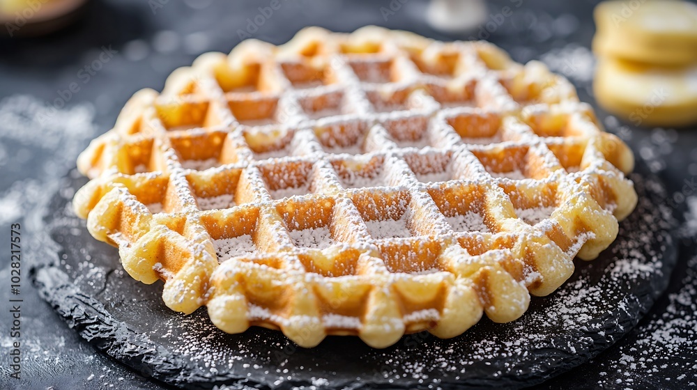 Poster belgian waffle with icing sugar slate background top view close up : generative ai