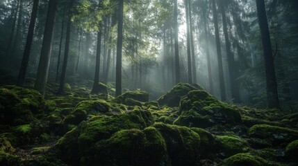 Fototapeta premium Sunbeams Illuminating a Foggy Moss-Covered Forest Floor