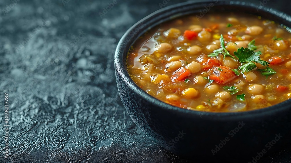 Poster bean soup in a black bowl dark background close up : generative ai