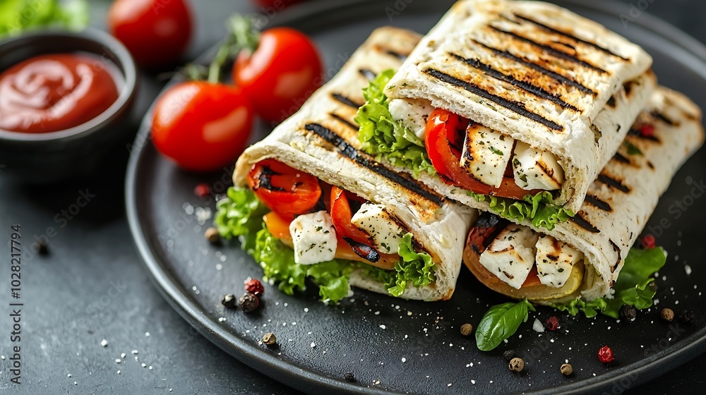 Poster wrap sandwich with grilled vegetables and feta cheese on a plate grey background top view : generati