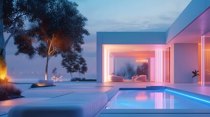 Fototapeta premium A futuristic outdoor living area with AI-managed sound and lighting systems