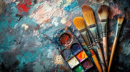Fototapeta premium Artistic tools flat lay with paintbrushes, watercolor palettes, and a sketchbook, arranged on a textured background for creative projects