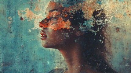 Woman's Profile Behind a Cracked and Peeling Wall