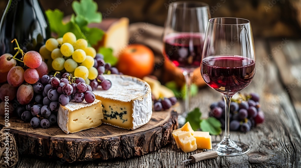 Poster assortment of cheese grapes with red wine in glasses stone and wood background close up copy space :