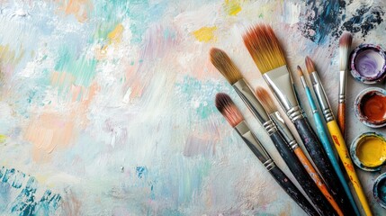 Fototapeta premium Creative flat lay of art tools including paintbrushes, watercolors, and a sketchbook, arranged on a textured background for creative visuals