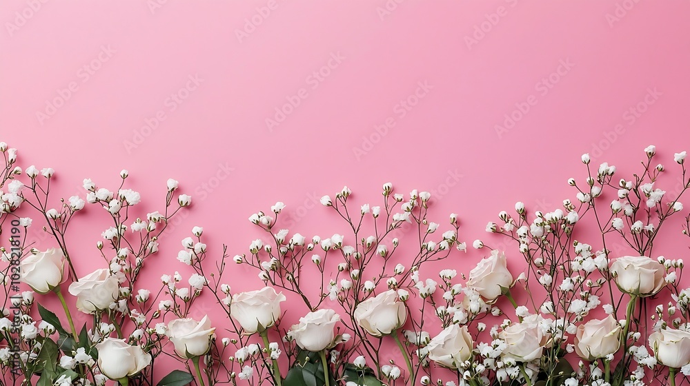 Poster rose and gypsophila flowers frame on pink background cope space top view : generative ai