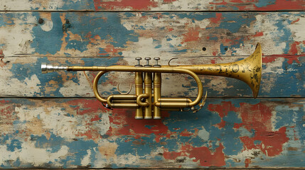 Fototapeta premium Vintage Trumpet on Weathered Wood.