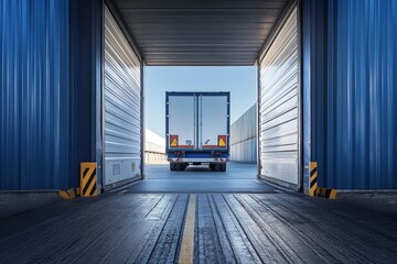 view from behind open trailer doors reveals blue truck parked in spacious loading area, showcasing clean and organized industrial environment