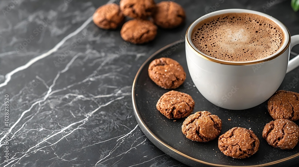Poster coffee espresso in cup with amaretti cookies on black marble background copy space : generative ai