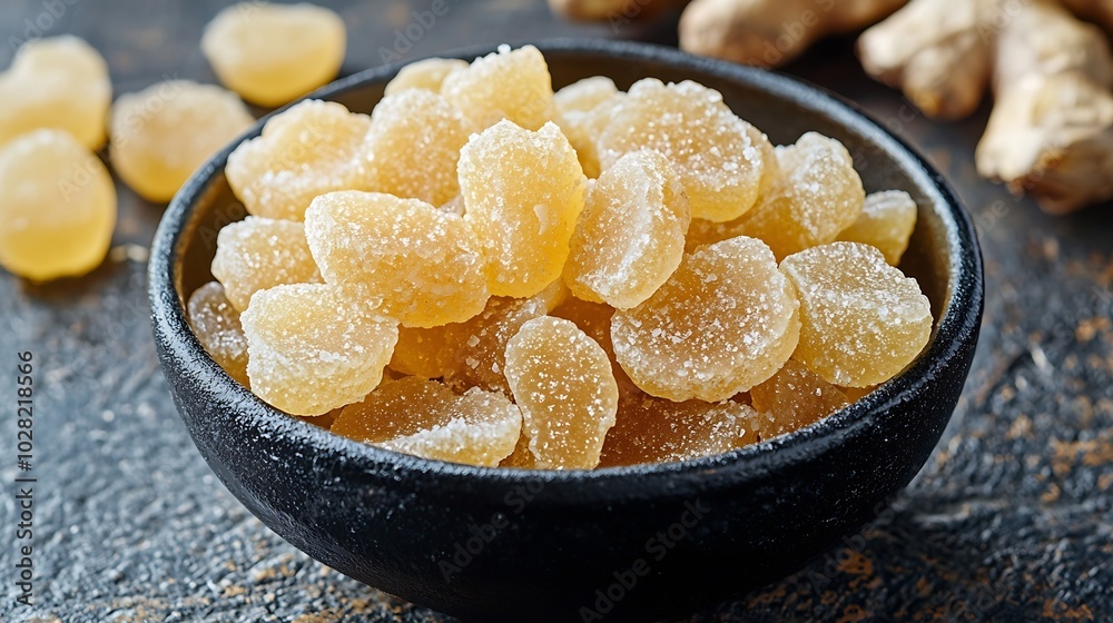 Poster candied ginger in black bowl on dark stone background copy space : generative ai