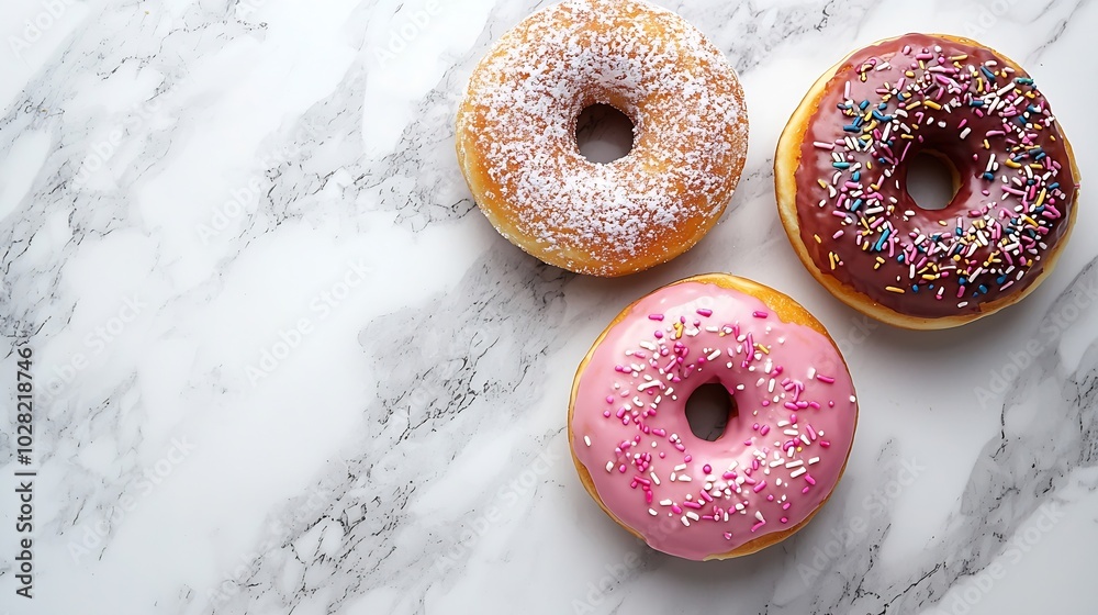 Poster Coffee with donuts on marble table background Copy space Top view : Generative AI