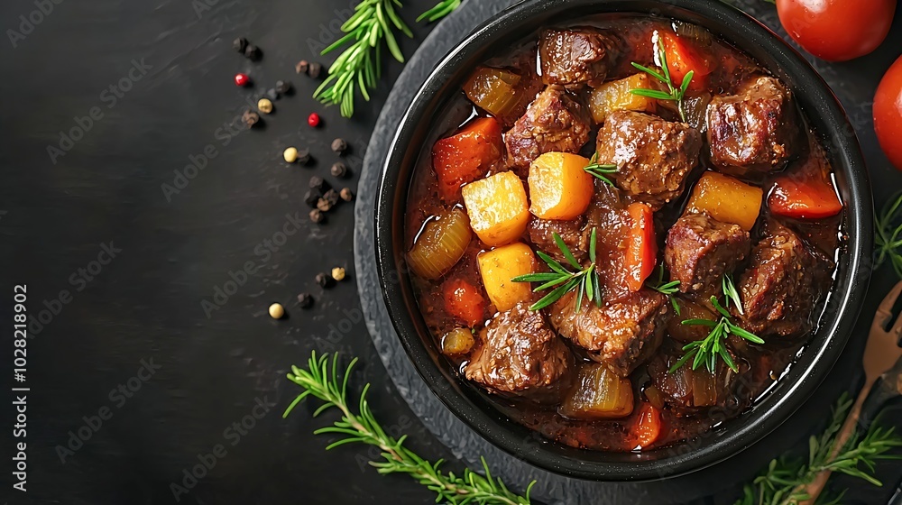 Poster beef meat and vegetables stew in black bowl slate background top view : generative ai