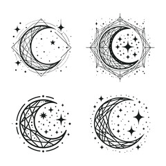 A geometric design of a crescent moon with small stars surrounding it
