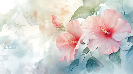 Soft watercolor painting of pastel-colored flowers and leaves, blending seamlessly with a light background for a delicate, airy feel 