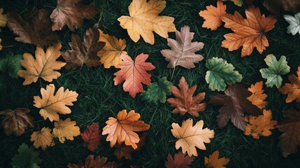 Autumn Leaves Scattered on Green Grass