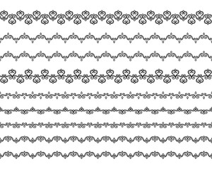 Fototapeta premium Black openwork ribbon silhouettes isolated on a white background. Seamless lace border, different horizontal edge ornaments. Vector set of stripe edging patterns for wedding invitation, greeting card
