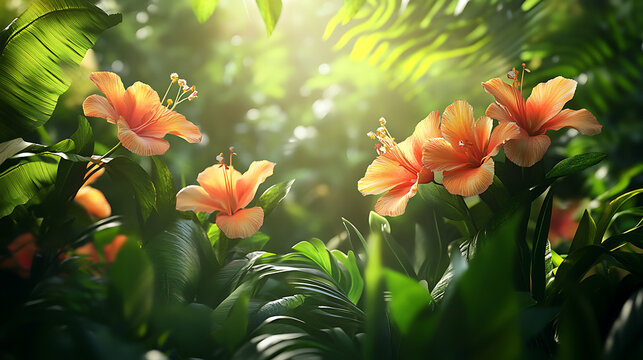 Vibrant tropical flowers in a lush green rainforest background with a variety of leaves and petals bathed in natural sunlight 