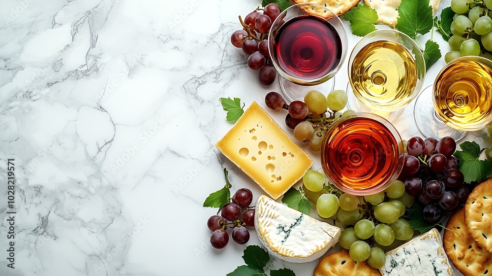 Poster assortment of cheese grapes with red and white wine in glasses marble background top view : generati