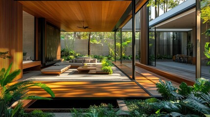 Modern open-concept living space surrounded by greenery and natural light.