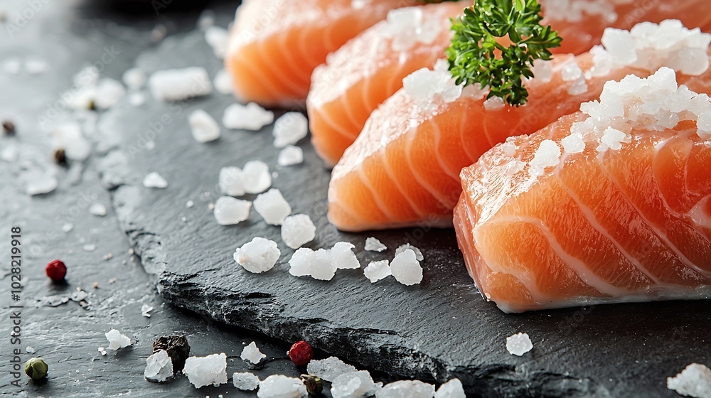 Poster salmon fillet with sea salt grey slate background copy space : generative ai