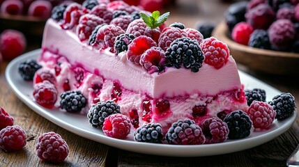 Terrine with berry ice cream in a white chocolate with white chocolate decor on a white plate on a wooden background : Generative AI