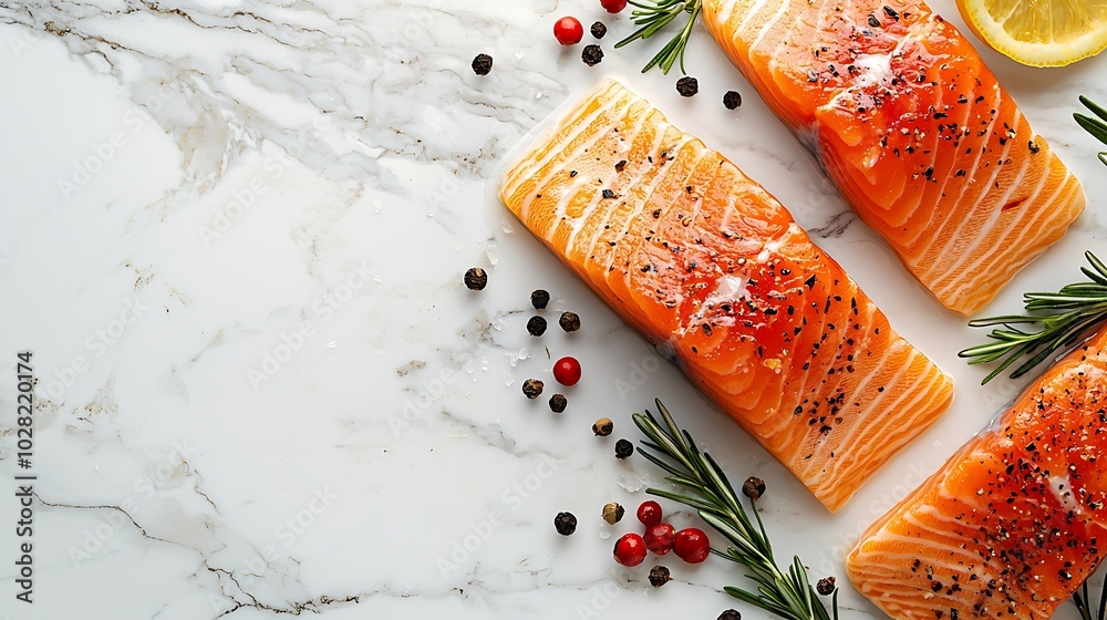 Poster salmon steaks fillet with herbs and spices white marble background copy space top view : generative 