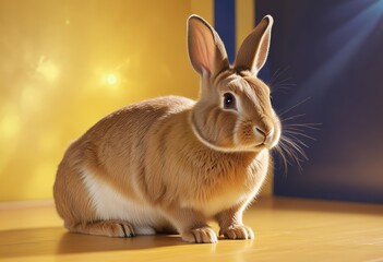Obraz premium A rabbit is sitting on a wooden floor with a yellow background.