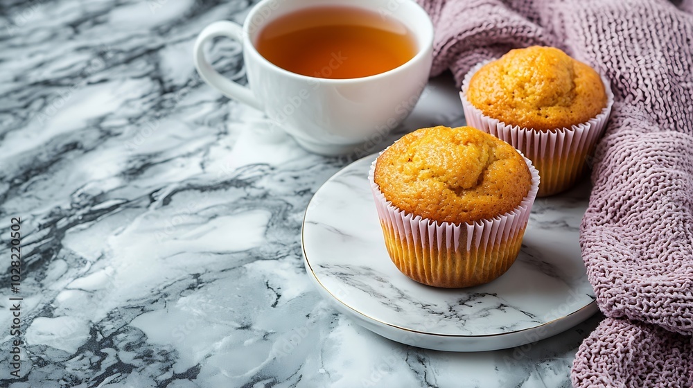 Poster peach cupcakes muffins with cup of tea marble background copy space top view : generative ai