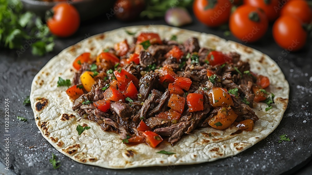 Poster mexican shredded beef with tortillas vegetables and sauce grey background copy space : generative ai
