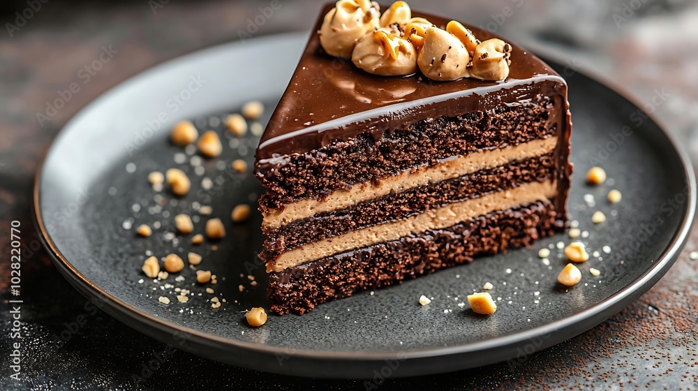 Poster chocolate caramel peanut cake snickers on a plate grey background copy space : generative ai
