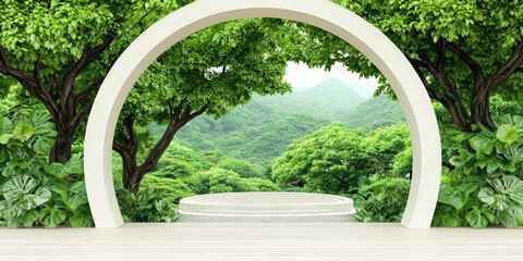 Fototapeta premium Scenic Mountain View Through Circular Archway with Green Foliage and Stone Platform