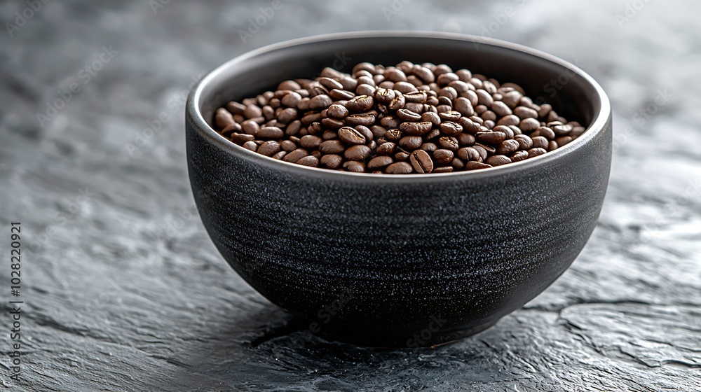 Poster coffee beans in black bowl on grey slate background close up : generative ai