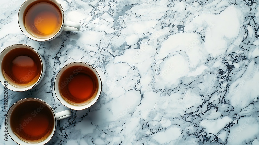 Poster tea in mugs with teapot on marble background top view : generative ai