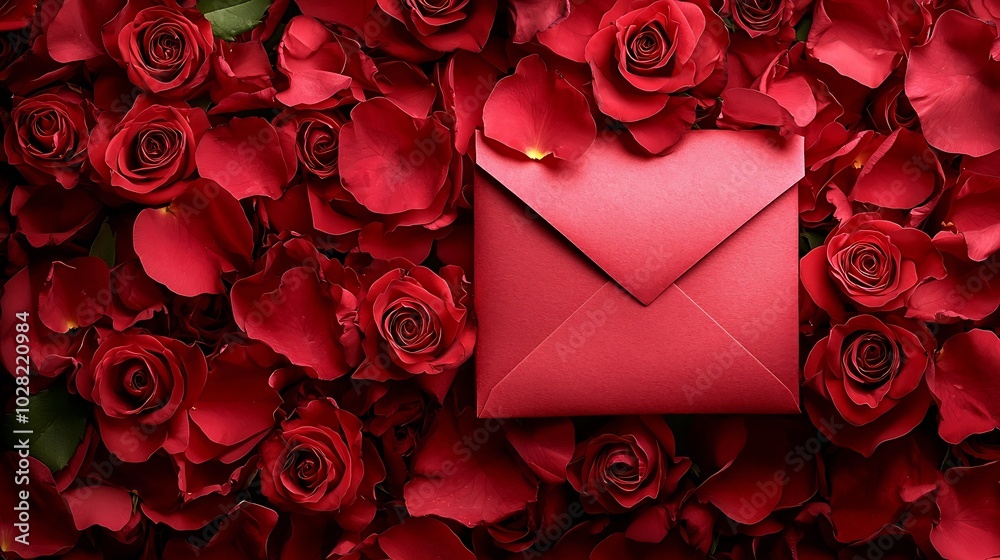 Poster Rose flower frame with envelope Copy space Top view : Generative AI