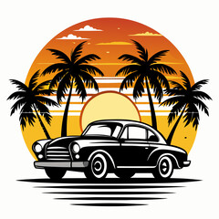 sunset Vibes t-shirt design, black silhouette illustration vintage retro  retro car with palm trees and no people on a white background