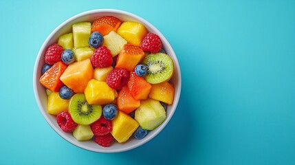 Bowl of fresh exotic fruit salad Healthy breakfast Top view Copy space : Generative AI