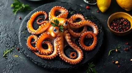 Fototapeta premium Octopus in a black frying pan Black stone background Top view : Generative AI