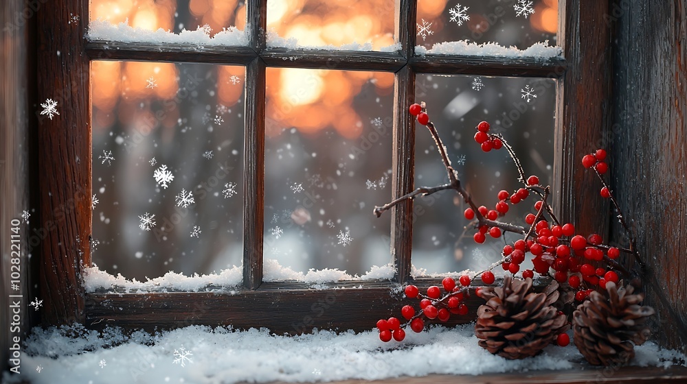Poster wooden frame window with red berries hawthorn snow and cones christmas happy new year background : g