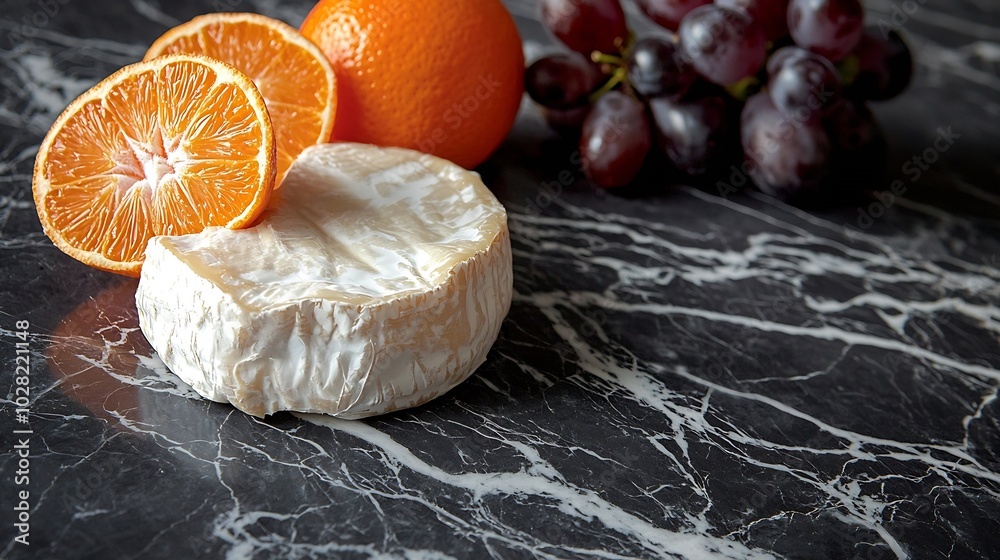 Poster cheese with washed orange rind with grape french or german product marble background copy space : ge