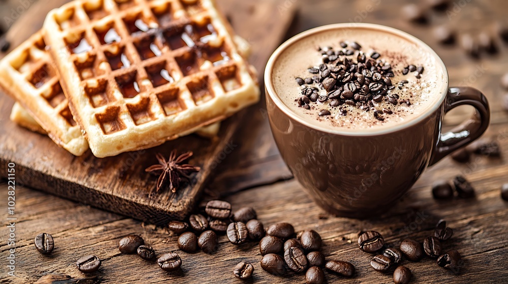Poster fresh waffles with maple syrup and coffee on a wooden background : generative ai