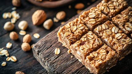 Peanut butteroatmeal and white chocolate squares on a wooden background : Generative AI